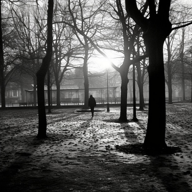 a man walks through a park with the sun shining through the trees.