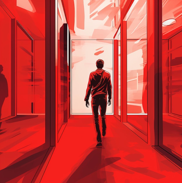 A man walks through a red room with a red background