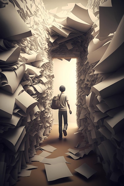 A man walks through a tunnel of paper with the word paper on it.