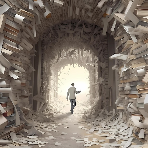 床に本が置かれたトンネルを歩いている男とその真ん中に歩いている男
