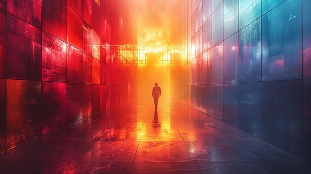 Photo a man walks through a tunnel with the light shining on his face