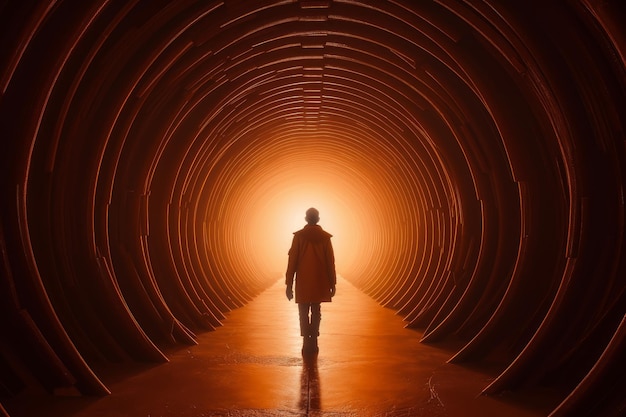 A man walks through a tunnel with the light on.