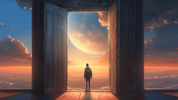 Man walks toward massive open door in the sky digital art illustration Generative AI