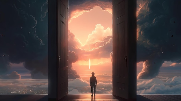 Man walks toward massive open door in the sky digital art illustration Generative AI