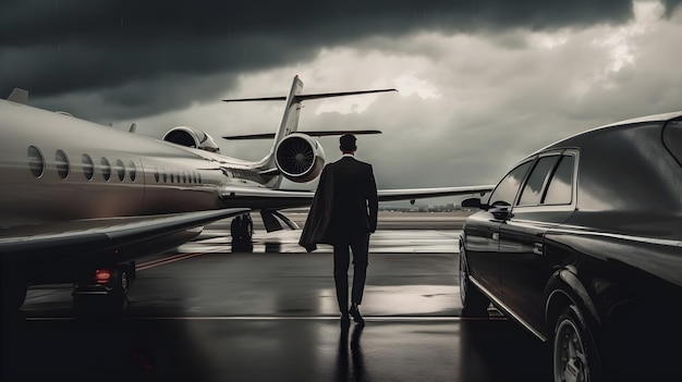 A man walks towards a private jet and a car is parked on a runway.