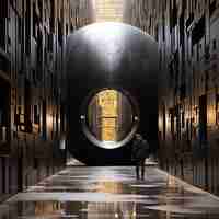 Photo a man walks in a tunnel with a large circle in the middle