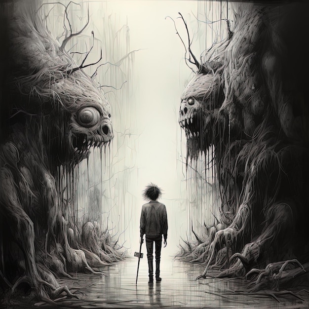 Photo a man walks in a tunnel with a man walking in front of a monster