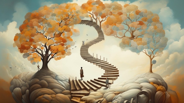 a man walks up a staircase in a cloudy sky.