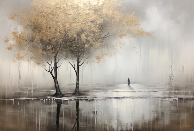 a man walks in the water with trees in the background
