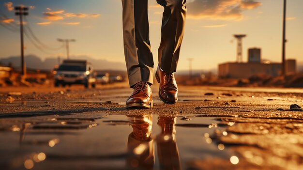 A man walks on wet asphalt
