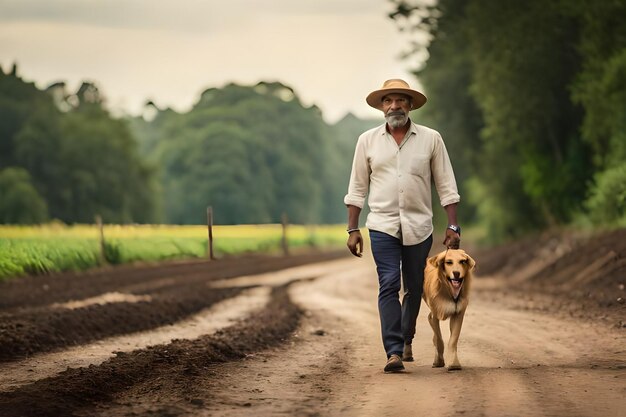 a man walks with a dog on a dirt road