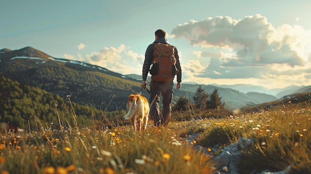 Photo a man walks with a dog on a trail in the mountains