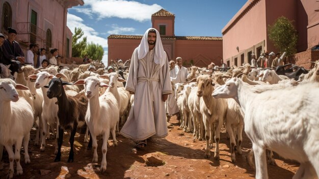 Человек идет с стадом коз перед зданием.