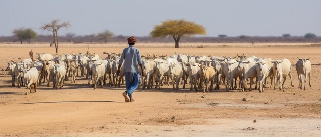 Человек идет с стадом овец в пустыне