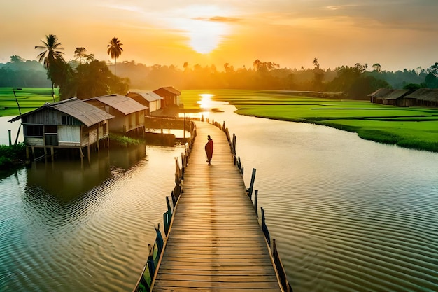 a man walks on a wooden bridge over a lake at sunset.