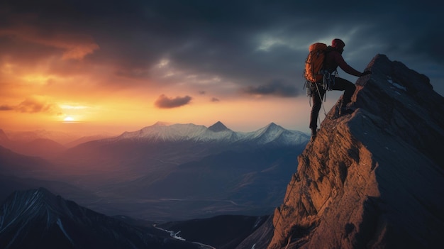 Man wandelen bij zonsondergang bergen met rugzak Travel Lifestyle reislust avontuur concept zomervakanties buiten alleen in het wild