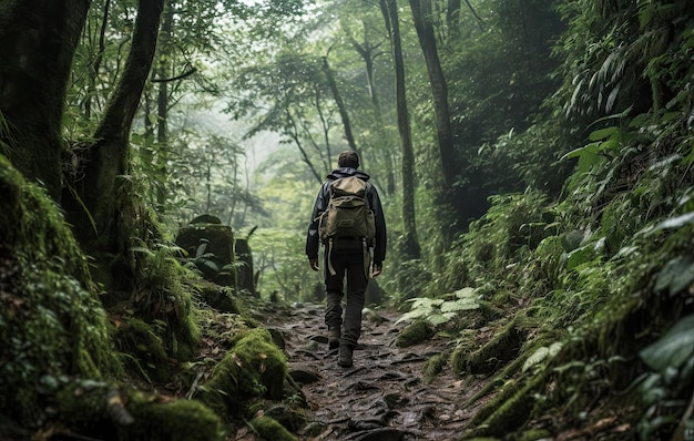 man wandelend in een bos in de stijl van junglepunk-documentairefilms