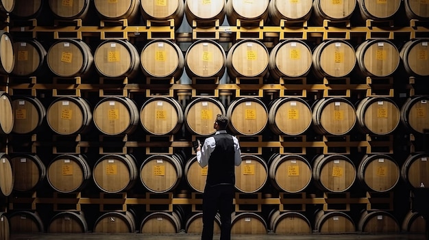ビール倉庫の男茶色の木製ワイン ビール樽積み上げ背景