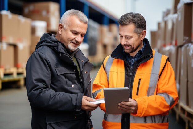 A man in a warehouse holding a tablet for logistic Generative AI