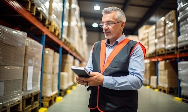 Photo a man in a warehouse holding a tablet