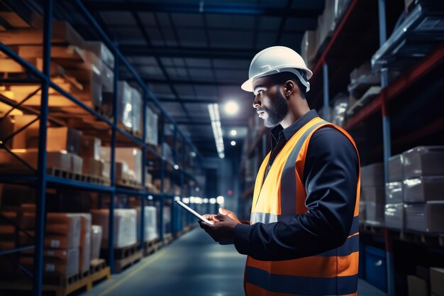 Man in warehouse looking at tablet computer Generative AI