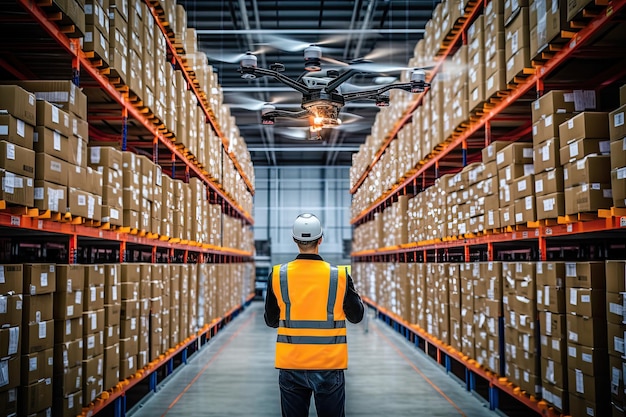 A man in a warehouse with a drone hovering over