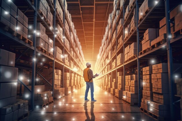 A man in a warehouse with a man standing in front of it.