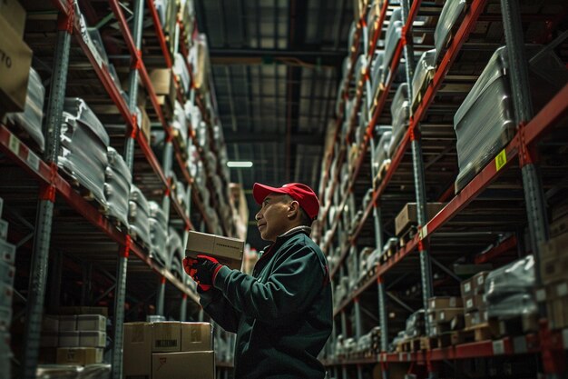 a man in a warehouse with a red hat on