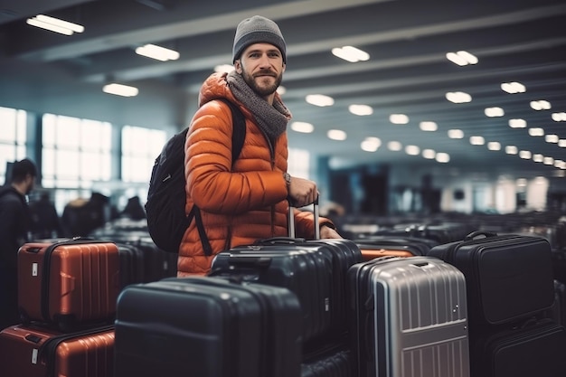 A man in warm clothes in the baggage area at the airport