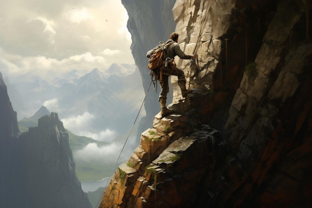 a man was climbing a mountain cliff