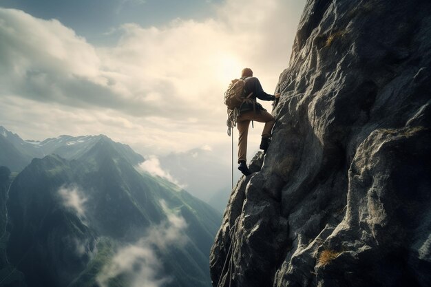 a man was climbing a mountain cliff