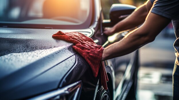 Foto uomo che lava la porta dell'auto con un close-up di straccio