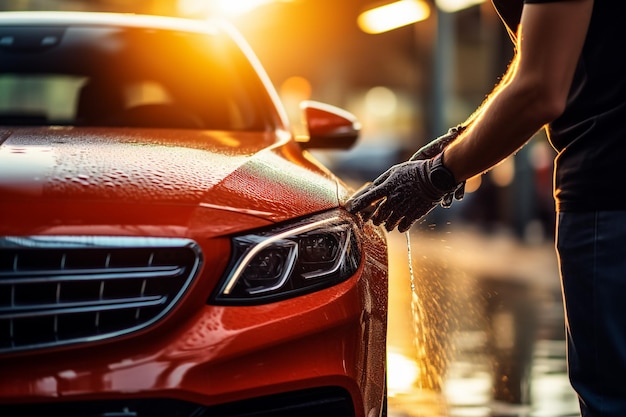 Foto uomo che lava la porta dell'auto con un close-up di straccio