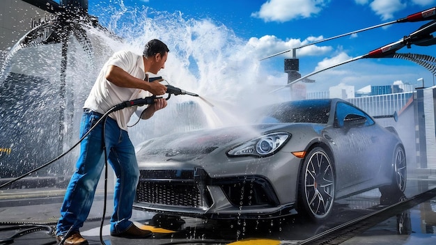 スプレージェットウォーターを使って車を洗っている男性