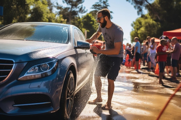 A man washing a car with a hose