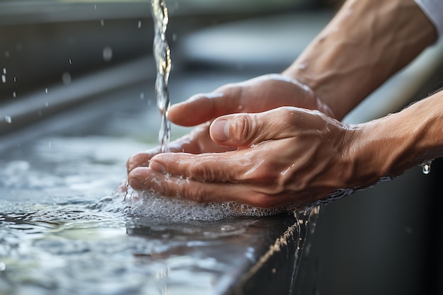 キッチンシンクの近くで流水の下で石で手を洗っている男性