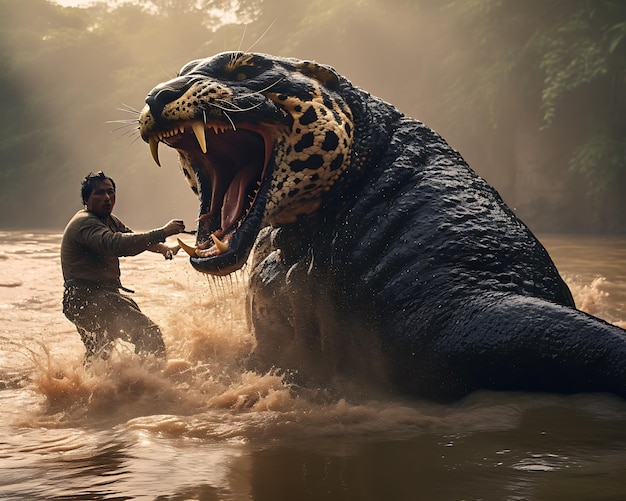 a man washing a hippo in a river