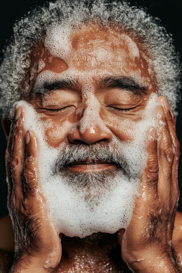 Photo man washing his face with foamy soap for skincare and grooming