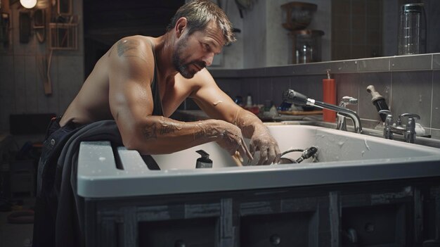 a man washing his hands in a sink with a towel on the side