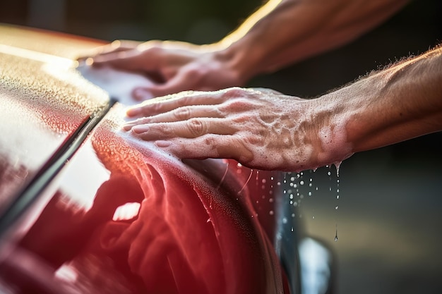 Photo man washing a red car with a microfiber cloth closeup hand close up car cleaning wash the red car with soap ai generated