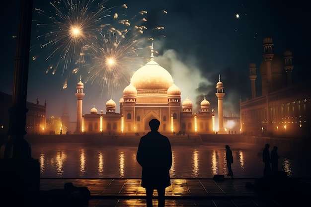 Man watches fireworks and a mosque ai generated