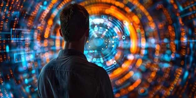 man watching advanced computer coding display concept technology coding computer science advanced watching
