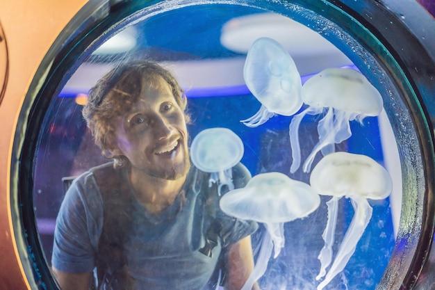 Man watching the jellyfish on blue background in Aquarium