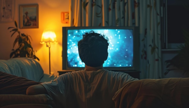 Man watching television in dark room