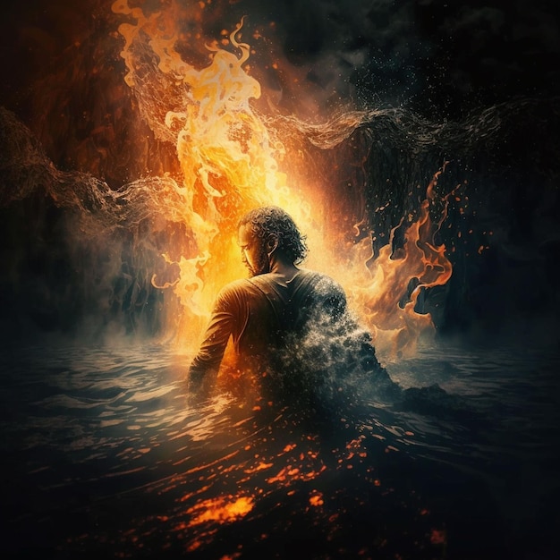 A man in the water with a fire on his back