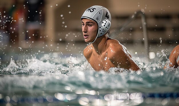 a man in the water with a helmet on his head