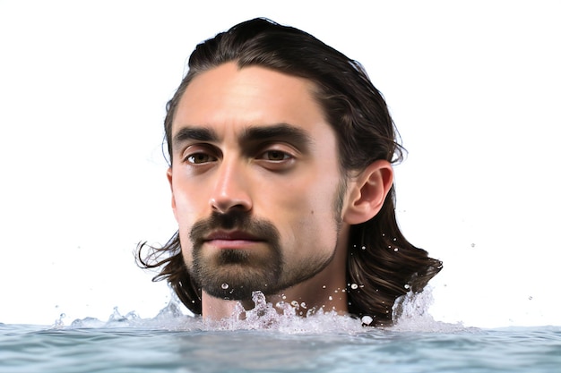 머리카락이 물 표면에 떠다니는 물 속의 남자