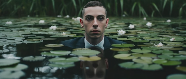 Photo man in water with lily pads on his face