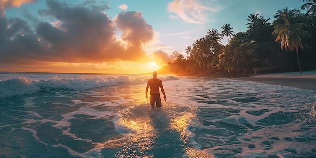 a man in the water with the sun setting behind him