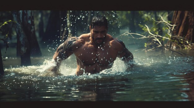 Photo a man in the water with a tattoo on his arm